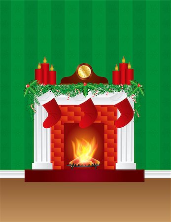 Fireplace with Christmas Decoration Garland Stockings Candles Mantel Clock with Wallpaper Background Illustration Stock Photo - Budget Royalty-Free & Subscription, Code: 400-07218421