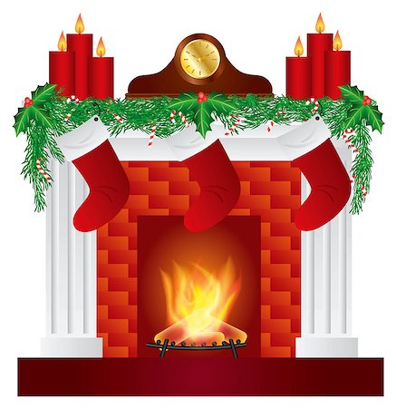 Fireplace with Christmas Decoration Garland Stockings Candles Mantel Clock Isolated on White Background Illustration Stock Photo - Budget Royalty-Free & Subscription, Code: 400-07218422