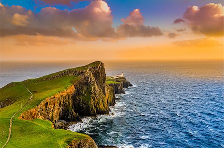 Colorful ocean coast sunset at Neist point lighthouse, Scotland, United Kingdom Stock Photo - Budget Royalty-Free & Subscription, Code: 400-07219150