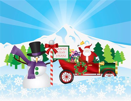 santa claus and old car - Santa Claus on Vintage Car with Winter Snow Scene with Snowman Trees and Stop Sign Illustration Stock Photo - Budget Royalty-Free & Subscription, Code: 400-07212404