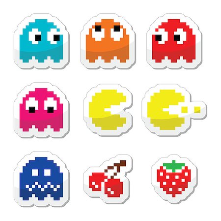 pixelated - Vector colour lebels set of pixelated pacman retro computer game isolated on white Stock Photo - Budget Royalty-Free & Subscription, Code: 400-07213949