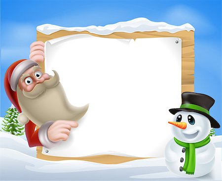 simsearch:400-04229535,k - A Santa Christmas Winter Scene of Santa pointing at a winter sign with a friendly snowman Photographie de stock - Aubaine LD & Abonnement, Code: 400-07220931