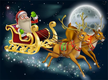 reindeer in snow - Santa Claus sleigh scene of Santa in his sleigh being pulled through the sky with his reindeer Foto de stock - Super Valor sin royalties y Suscripción, Código: 400-07220932