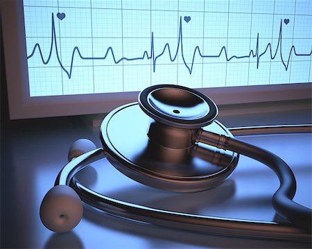 simsearch:400-07222508,k - Stethoscope in front of the heartbeat monitor. Clipping path included. Photographie de stock - Aubaine LD & Abonnement, Code: 400-07222508