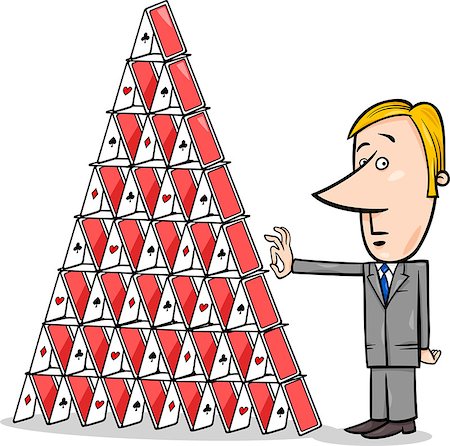 pyramid playing cards - Concept Cartoon Illustration of Man or Businessman going to Destroy a House of Cards Stock Photo - Budget Royalty-Free & Subscription, Code: 400-07222583