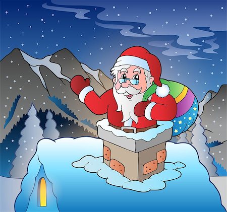 Santa Claus on roof in mountain - eps10 vector illustration. Stock Photo - Budget Royalty-Free & Subscription, Code: 400-07222776