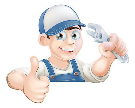engineers hat cartoon - A plumber or mechanic holding an adjustable wrench or spanner and giving a thumbs up while peeking over a sign or banner Foto de stock - Super Valor sin royalties y Suscripción, Código: 400-07222830
