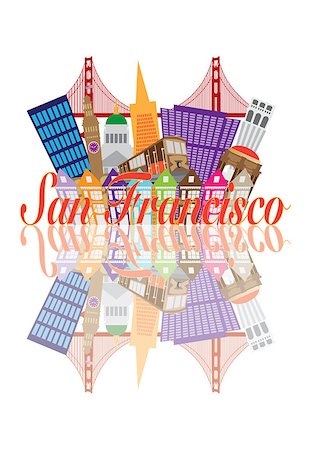 simsearch:400-05723698,k - San Francisco California Abstract Downtown City Skyline with Golden Gate Bridge and Cable Car and Reflection Isolated on White Background Illustration Photographie de stock - Aubaine LD & Abonnement, Code: 400-07223365