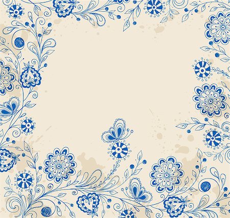 doodle background colored - Vector decorative background with blue hand drawn flowers Stock Photo - Budget Royalty-Free & Subscription, Code: 400-07223503