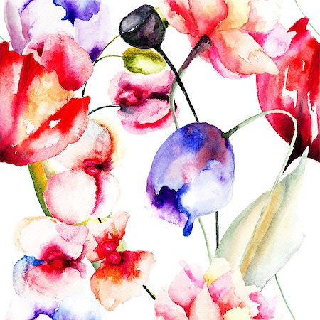 seamless floral - Colorful summer flowers, seamless pattern, watercolor illustration Foto de stock - Super Valor sin royalties y Suscripción, Código: 400-07245383
