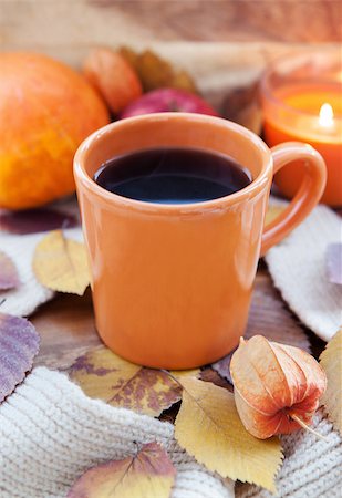 pumpkin fruit and his leafs - Orange coffee cup on the autumn fall leaves and candle with fruits on the background Stock Photo - Budget Royalty-Free & Subscription, Code: 400-07245425