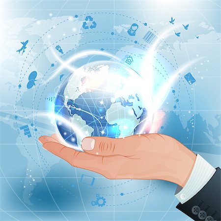 simsearch:400-06737278,k - Concept Global Business - Hand with Earth and lot Business Icons on Abstract Background, vector illustration Stock Photo - Budget Royalty-Free & Subscription, Code: 400-07249620