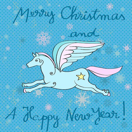 simsearch:400-07257578,k - Christmas and New Year's greeting card with flying horse over a blue background with dots and snowflakes Foto de stock - Super Valor sin royalties y Suscripción, Código: 400-07257558