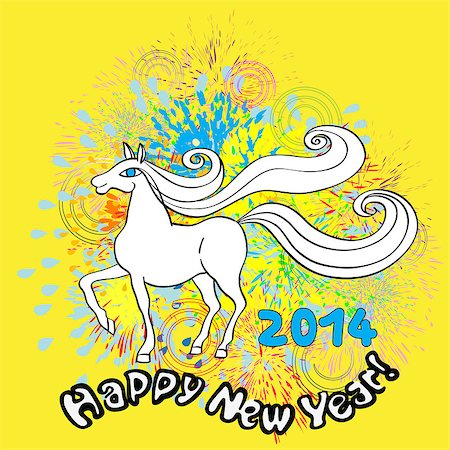 simsearch:400-07257578,k - Happy New Year greetings card for 2014 with white horse over a yellow background with fireworks Foto de stock - Super Valor sin royalties y Suscripción, Código: 400-07257561