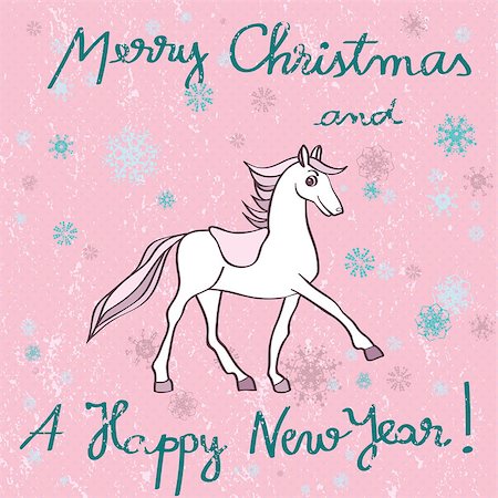 simsearch:400-07257578,k - Christmas and New Year's greetings card with horse cartoon over a grungy background with dots and snowflakes Foto de stock - Super Valor sin royalties y Suscripción, Código: 400-07257578