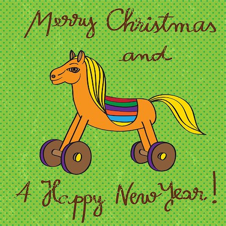 simsearch:400-07257578,k - Vintage toy horse card for Christmas and The New Year's Eve, hand drawn illustratiion and text over a green grungy background with dots Foto de stock - Super Valor sin royalties y Suscripción, Código: 400-07257582