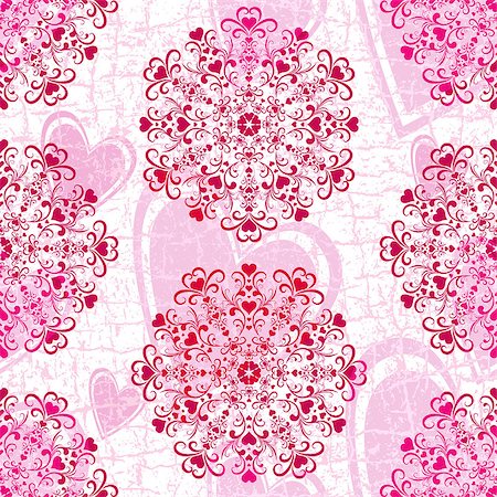 Pink seamless grunge valentine pattern with floral ornament and hearts (vector eps 10) Stock Photo - Budget Royalty-Free & Subscription, Code: 400-07264733