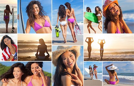 Montage of beautiful women girls at the beach surfing, surfers on vacation enjoying waves and sunrise or sunset, holding their surfboards in the summer sun Stock Photo - Budget Royalty-Free & Subscription, Code: 400-07264815