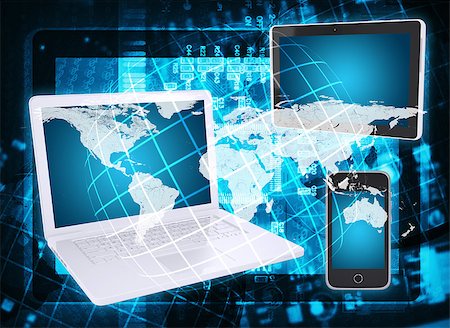 simsearch:400-07617373,k - Laptop, tablet pc and smartphone. Abstract background: microcircuit and world map. Computer technology concept Stock Photo - Budget Royalty-Free & Subscription, Code: 400-07265434