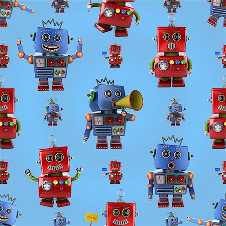 Seamless pattern with happy vintage toy robots over light blue background Stock Photo - Budget Royalty-Free & Subscription, Code: 400-07294034