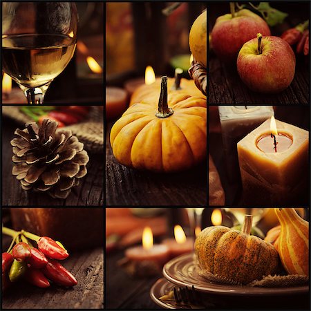 food or drink - Restaurant series. Collage of autumn place setting.   Thanksgiving dinner. Fall season fruit, pumpkins, plates, wine and candles. Thanksgiving dinner Photographie de stock - Aubaine LD & Abonnement, Code: 400-07295561