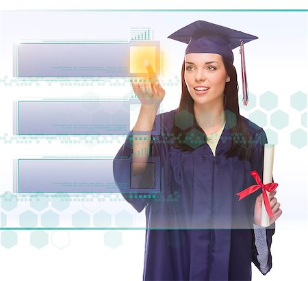 Young Female Graduate Pushing Blank Button on Translucent Panel - Ready For Your Own Copy. Foto de stock - Super Valor sin royalties y Suscripción, Código: 400-07297054