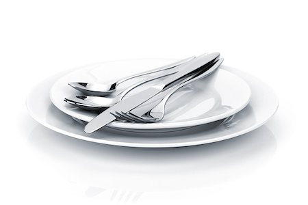 simsearch:400-06076985,k - Silverware or flatware set of fork, spoons and knife on plates. Isolated on white background Stock Photo - Budget Royalty-Free & Subscription, Code: 400-07299481