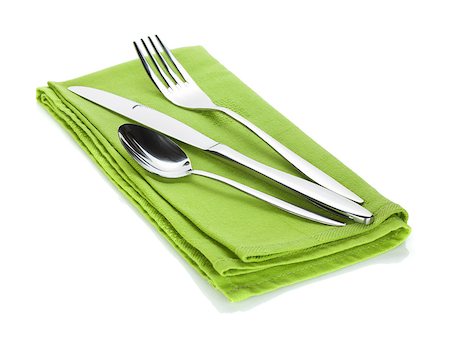 simsearch:400-06076985,k - Silverware or flatware set of fork, spoon and knife on towel. Isolated on white background Stock Photo - Budget Royalty-Free & Subscription, Code: 400-07299494