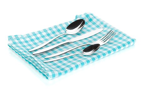 simsearch:400-06076985,k - Silverware or flatware set of fork, spoons and knife on towel. Isolated on white background Stock Photo - Budget Royalty-Free & Subscription, Code: 400-07299495