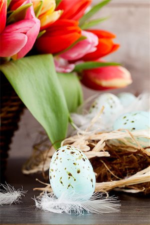 festive traditional easter egg decoration ribbon and tulips on wooden background Stock Photo - Budget Royalty-Free & Subscription, Code: 400-07306933