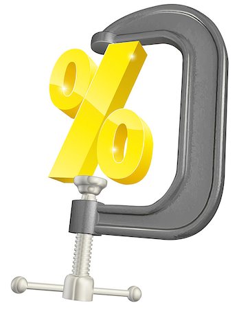 Conceptual illustration of a percentage sign in a C or G clamp. Being squeezed by high interest rates or keeping down rates or getting a bargain, a lot of possible uses. Stock Photo - Budget Royalty-Free & Subscription, Code: 400-07307658