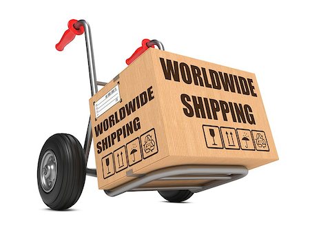 simsearch:400-05735817,k - Cardboard Box with Worldwide Shipping Slogan on Hand Truck White Background. Stock Photo - Budget Royalty-Free & Subscription, Code: 400-07308236