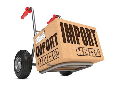simsearch:400-05735817,k - Cardboard Box with Import Slogan on Hand Truck White Background. Stock Photo - Budget Royalty-Free & Subscription, Code: 400-07308242