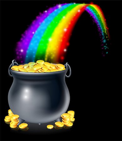 end of the rainbow - A cauldron or a pot full of gold coins at the end of the rainbow. Pot of gold at the end of the rainbow concept Stock Photo - Budget Royalty-Free & Subscription, Code: 400-07308435