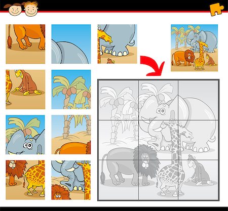 simsearch:400-04396497,k - Cartoon Illustration of Education Jigsaw Puzzle Game for Preschool Children with Funny Safari Wild Animals Group Stock Photo - Budget Royalty-Free & Subscription, Code: 400-07308789