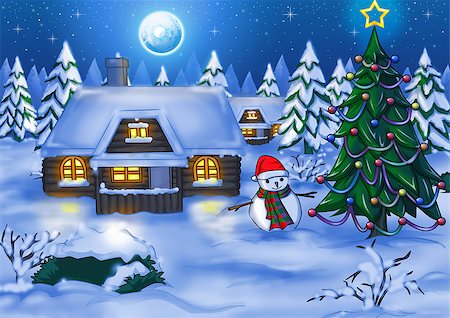 Illustration of houses at night time during winter Stock Photo - Budget Royalty-Free & Subscription, Code: 400-07315709