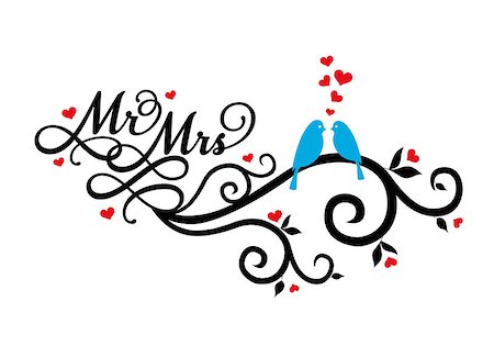 simsearch:400-06686195,k - Mr and Mrs, wedding birds on swirl with red hearts, vector illustration Photographie de stock - Aubaine LD & Abonnement, Code: 400-07316019