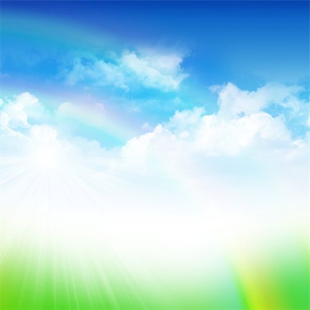 simsearch:400-06141235,k - Cloudy blue sky with double rainbow, sunbeams and green field abstract background Stock Photo - Budget Royalty-Free & Subscription, Code: 400-07316605