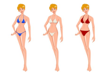 Cartoon illustration of an attractive blond woman wearing three different bikinis Stock Photo - Budget Royalty-Free & Subscription, Code: 400-07318729