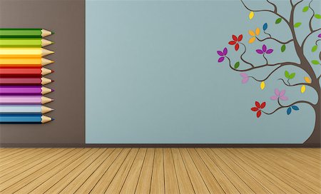 Playroom with big colorful pencils and tree on wall  - rendering Stock Photo - Budget Royalty-Free & Subscription, Code: 400-07310037