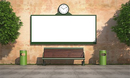 simsearch:400-04229535,k - Blank street billboard on grunge wall with bench and recycle bins - rendering Photographie de stock - Aubaine LD & Abonnement, Code: 400-07310032