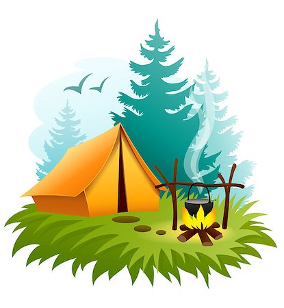 Camping in forest with tent and campfire. Eps10 vector illustration. Isolated on white background Stock Photo - Budget Royalty-Free & Subscription, Code: 400-07310113