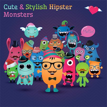 Cute and Stylish  Hipster Monsters. Fully editable and customizable. Freaky characters background. Vector Illustration Stock Photo - Budget Royalty-Free & Subscription, Code: 400-07324076