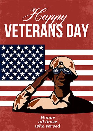 Greeting card poster showing illustration of an African American soldier serviceman saluting with stars and stripes flag in background Happy Veterans Day honor those who served. Stock Photo - Budget Royalty-Free & Subscription, Code: 400-07325286