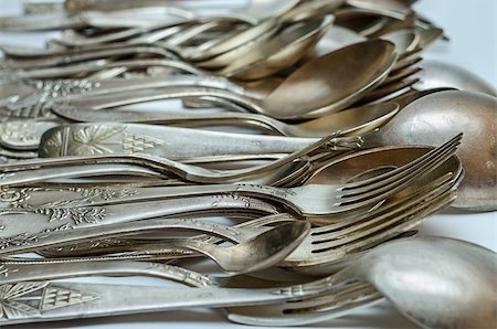 simsearch:400-06076985,k - Aged vintage silver cutlery close-up (forks, spoons) Stock Photo - Budget Royalty-Free & Subscription, Code: 400-07325970