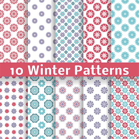 simsearch:400-04642641,k - 10 Light winter romantic vector patterns (tiling). Shabby chic red, white and blue colors. Snowflakes background. Abstract flower seamless wallpaper. Beautiful and elegant flakes. Foto de stock - Super Valor sin royalties y Suscripción, Código: 400-07327175