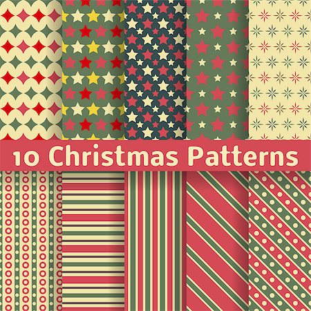 simsearch:400-08491819,k - 10 Christmas different vector seamless patterns (tiling). Holiday background. Endless texture can be used for wallpaper, pattern fills, web page, surface textures. Set of New Year color ornaments. Photographie de stock - Aubaine LD & Abonnement, Code: 400-07327176