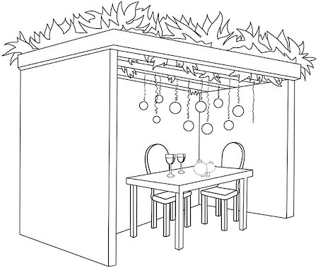 simsearch:400-07329068,k - A Vector illustration coloring page of a Sukkah decorated with ornaments and a table with glasses of wine and fruits for the Jewish Holiday Sukkot. Stock Photo - Budget Royalty-Free & Subscription, Code: 400-07329075