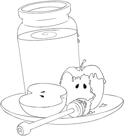 simsearch:400-06069331,k - A Vector Illustration coloring page of a honey jar and sliced apple covered with honey and wooden stick on a plate for the Jewish New Yearâ??s. Stock Photo - Budget Royalty-Free & Subscription, Code: 400-07329071