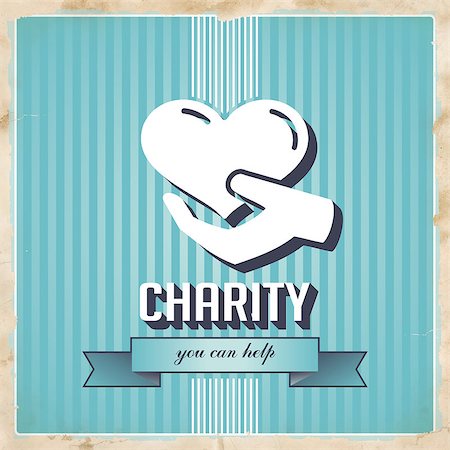 Charity with Icon of Heart in Hand on Blue Striped Background. Vintage Concept in Flat Design. Stock Photo - Budget Royalty-Free & Subscription, Code: 400-07338723